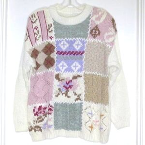80s Sweater Vintage Ribbed Knit Plus Size Cream Chunky Patchwork Quilt Pullover